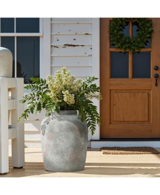 Rustic Old-World Gray with Brown 13.4-Inch Tall Round Terracotta Jug Vase with Handles