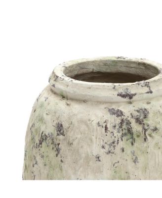Antique Terracotta Vase, 10-Inch Tall Off-White Pot with Mossy Green Patina, Rustic Decor