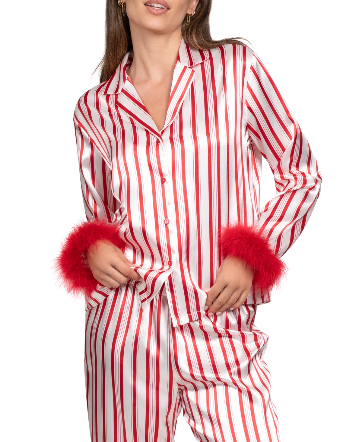 Linea Donatella Women's 2-piece Marabou Stripe Top And Pants Pajama Set In Red