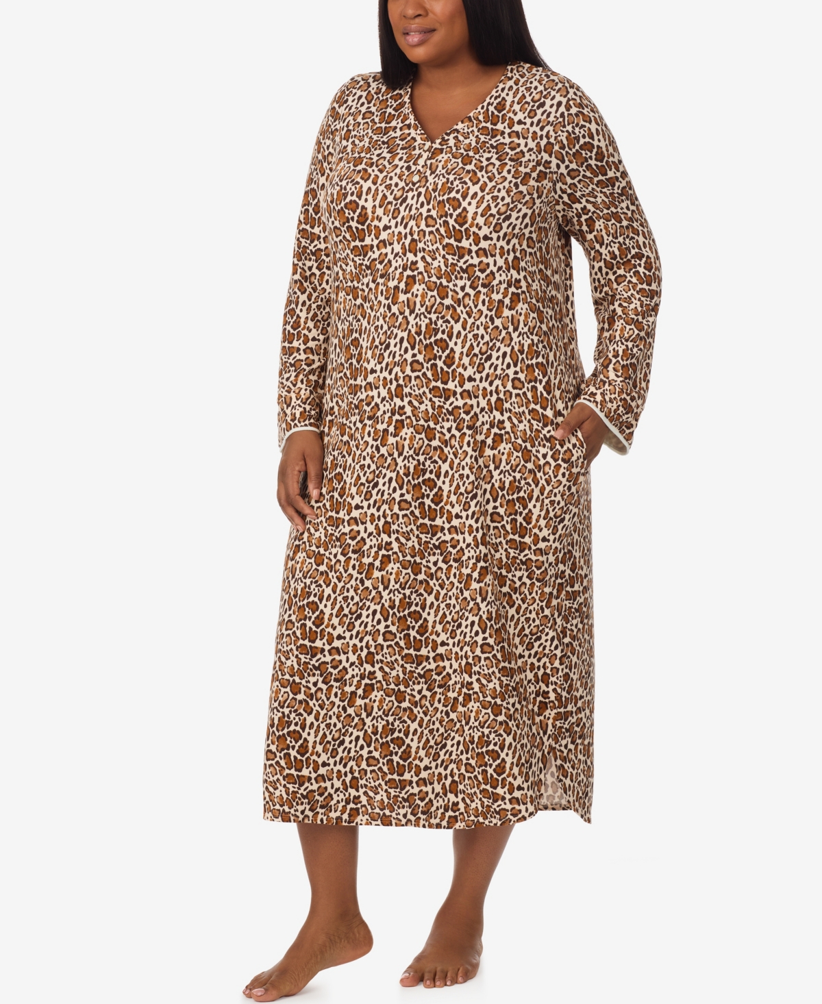 Ellen Tracy Plus Size Printed V-neck Long Gown With Socks In Brown
