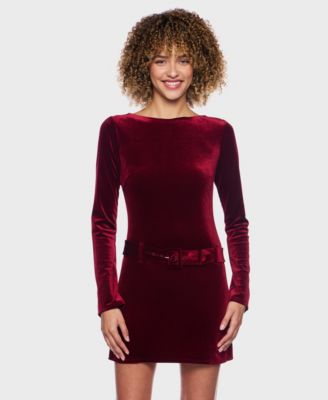 Women's Long Sleeve Belted Velvet Dress