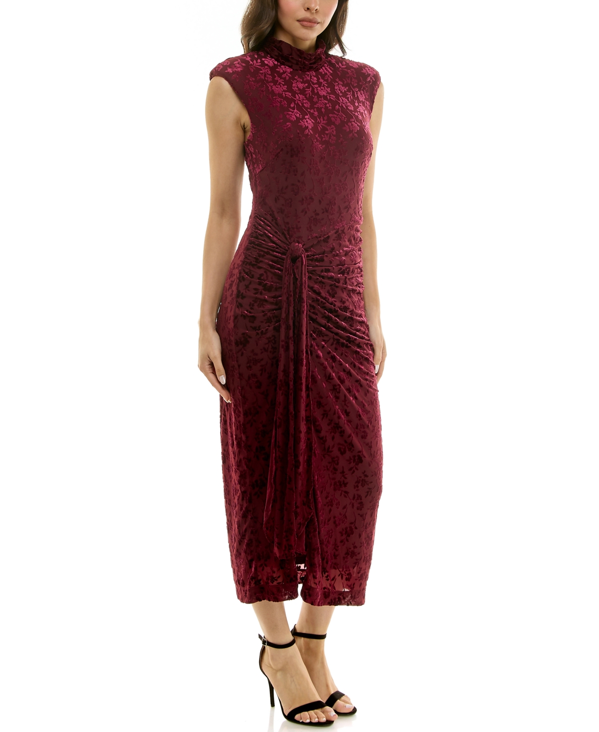 Taylor Women's Tie Front Mock Neck Midi Dress In Burgundy