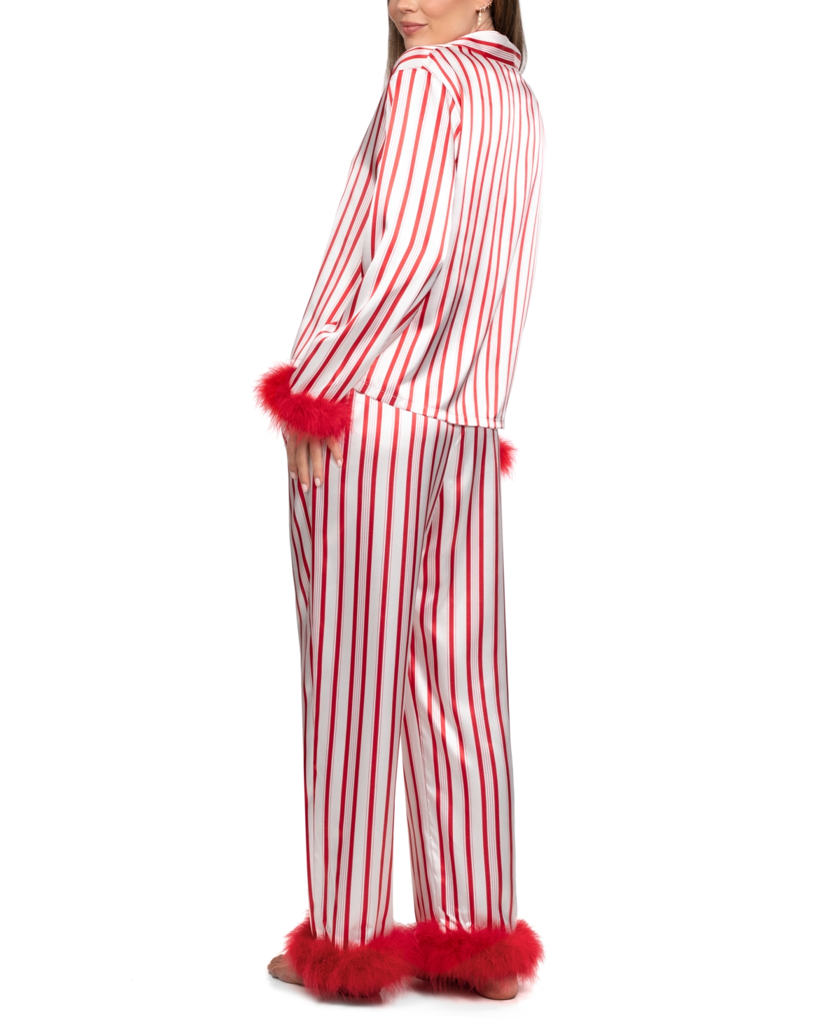 Linea Donatella Women's 2-piece Marabou Stripe Top And Pants Pajama Set In Red