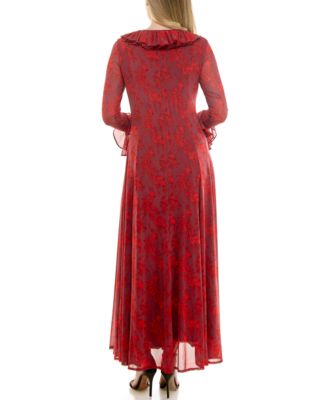 Women's Ruffle V-Neck Fit and Flare Mesh Dress