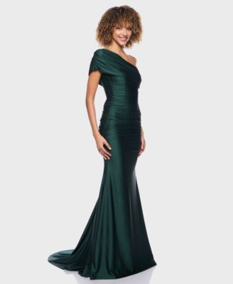 Juniors' One-Shoulder Draped Floor-Sweeping Gown