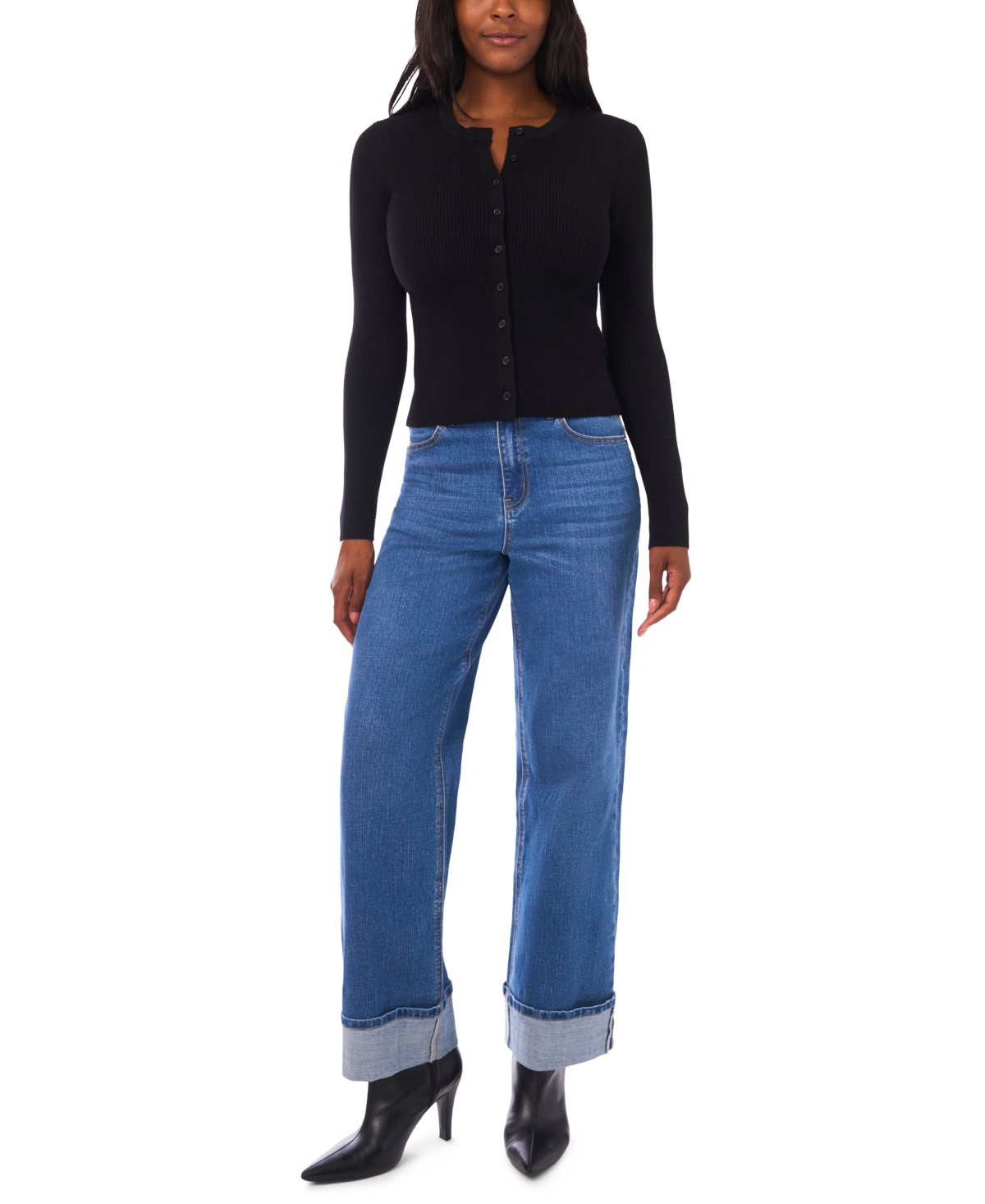 1.state Ribbed Cardigan In Black