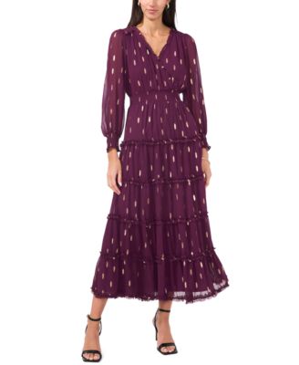 MSK - Women's Long Sleeve Smocked Waist Tiered Midi Dress