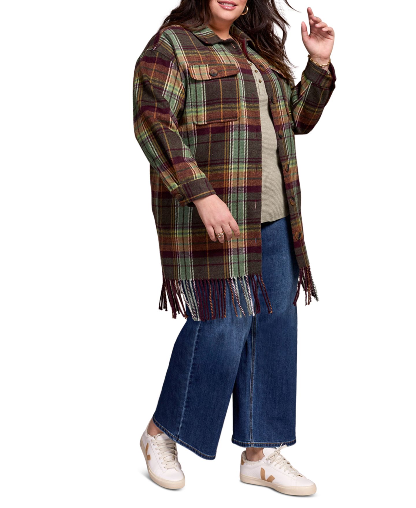 Женская куртка TRIBAL Plus Size Brushed Plaid Fringe-Hem Button-Front Shirt Jacket, цвет: Сливовый — фото 2
