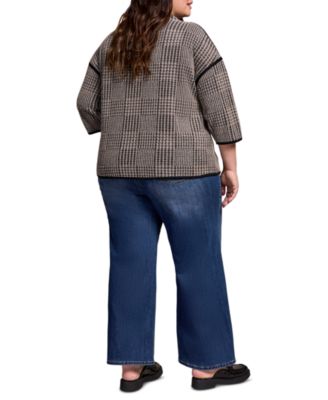 Plus Size 3/4 Sleeve Mock Neck Jacquard Plaid Top