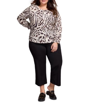 Plus Size Printed Long Sleeve Crew Neck Knit Top