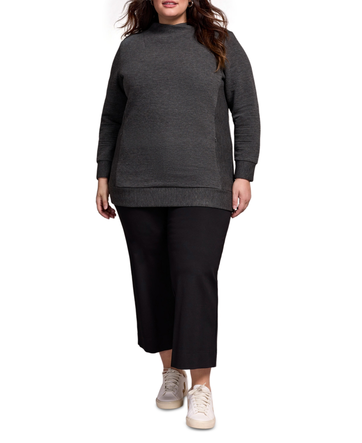 Tribal Plus Size Long-sleeve Knit Tunic Sweater In Gray