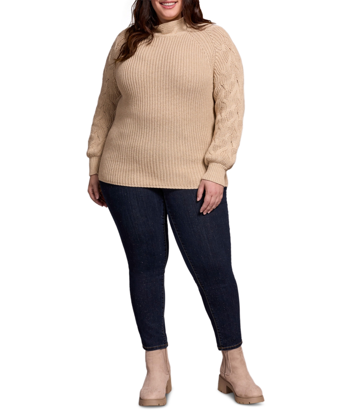Tribal Plus Size Cable Knit Mock Neck Sweater In Brown