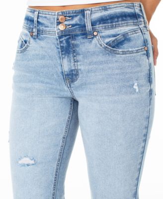 Juniors' Double-Button Distressed Bootcut Jeans