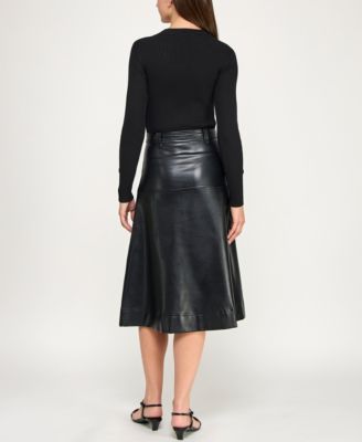 Juniors Faux Leather Belted Midi Sweater Dress