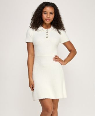 INVITEE - Juniors' Short Sleeve Polo Collar Button Sweaterdress
