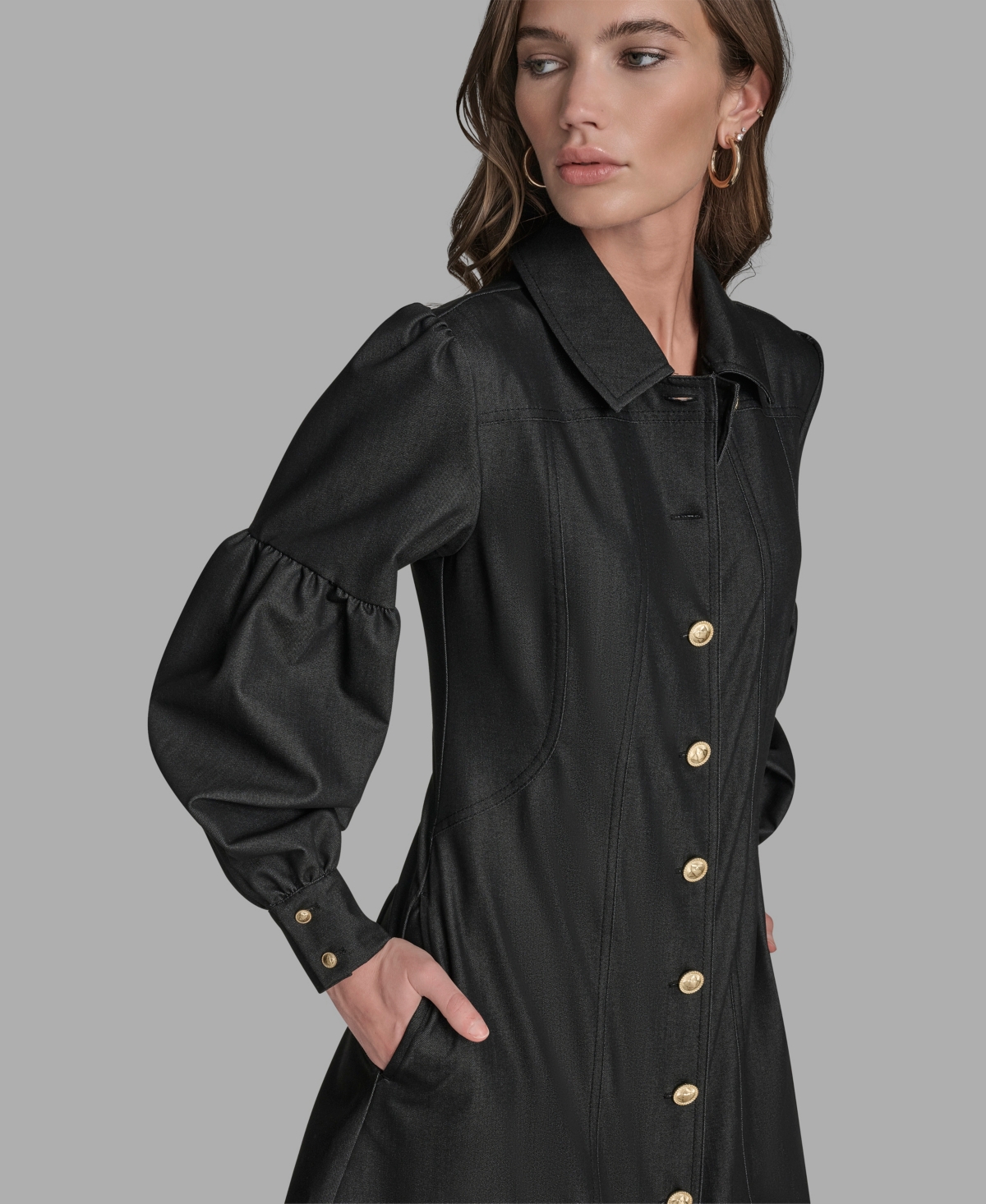 Bcbg Women's Button-front Balloon Sleeves Mini Denim Dress In Black