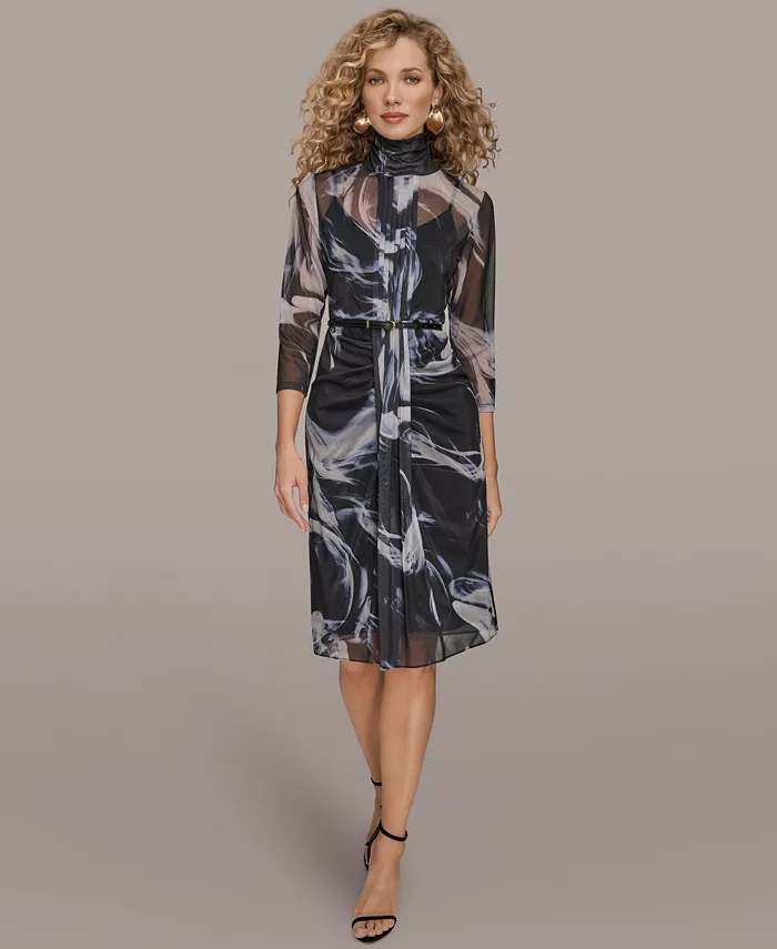 Women's Printed 3/4-Sleeve Gathered Overlay Front Dress - thumbnail 2