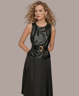 Women's Sleeveless Mixed Media Belted Midi Dress