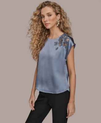Women's Cap Sleeve Floral Cutout Satin Blouse