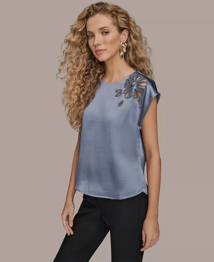 Women's Cap Sleeve Floral Cutout Satin Blouse - thumbnail 8
