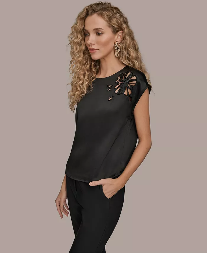 Women's Cap Sleeve Floral Cutout Satin Blouse - thumbnail 3
