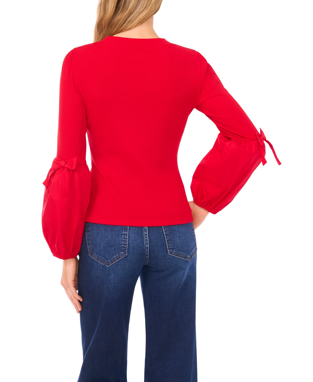 CeCe Women's Mix Media Rib Knit Balloon Long Sleeve Blouse