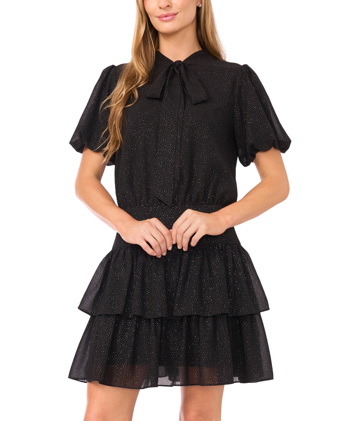 Cece Sparkly Puff Sleeve Tie Neck Tiered Dress In Black
