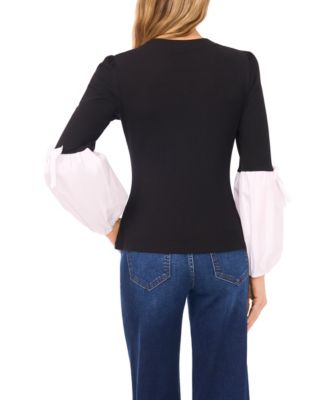 Women's Mix Media Rib Knit Balloon Long Sleeve Blouse