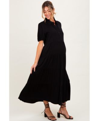 Maternity Black Collared Button Down Tiered Midi Dress