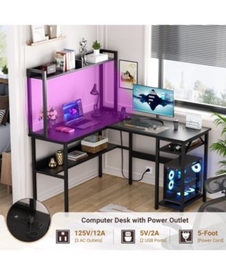 L Shaped Desk with Hutch, LED Lights, Reversible Corner Desk with Power Outlet