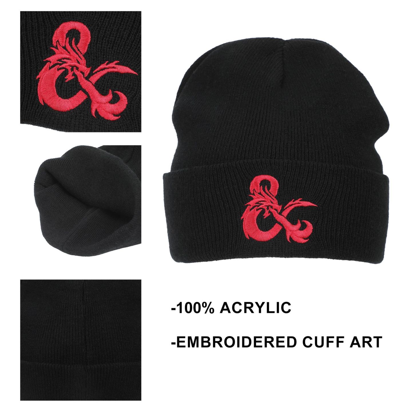 Мужская шапка Dungeons & Dragons Ampersand Logo Embroidery Black Acrylic Knit Cuff, цвет: Чёрный — фото 2