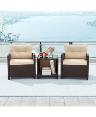 3-Piece Patio Furniture Set PE Rattan Conversation Set w/ Glass Coffee Table Outdoor