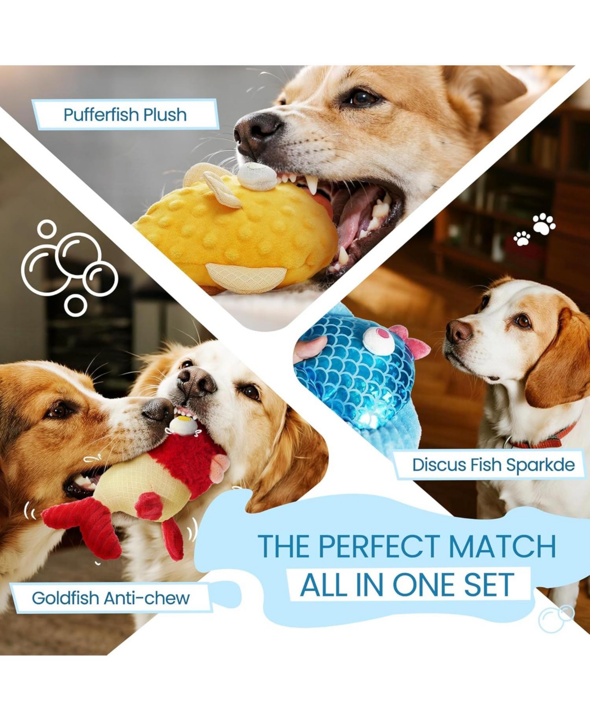 Nocciola Tough Dog Toys, Squeaky Dog Toys to Keep Dogs Busy with Two Resistant Layer & Crinkle Sound, Googly Eyed Fish Gang Puppy Teething Toys for Sm