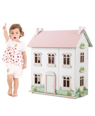 Kids Wooden Dollhouse 3 Level with Double-Sided Roofs and Doors