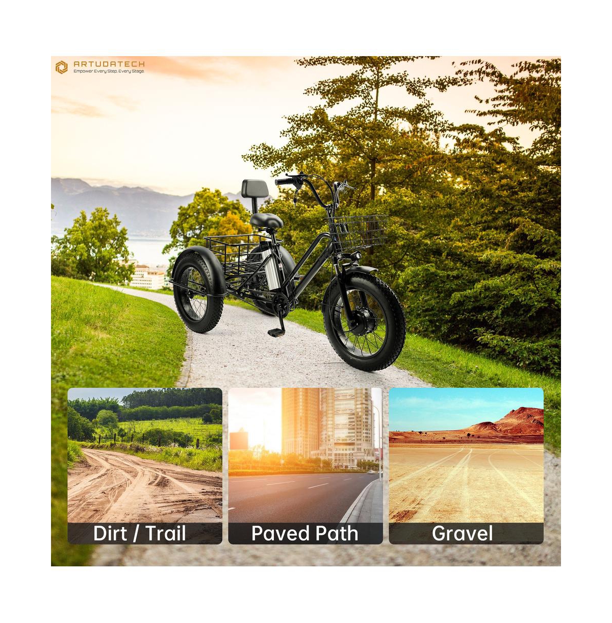 Artudatech 500W 48V 13A Electric Snow Tricycle 3 wheel e-bike 4.0 Fat Tire Tricycle