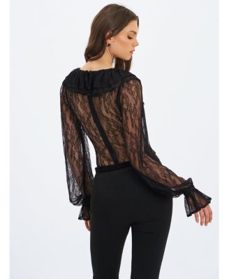 Women's Taliah Black Sheer Lace Ruffled Collar Bodysuit