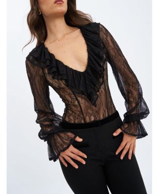Women's Taliah Black Sheer Lace Ruffled Collar Bodysuit