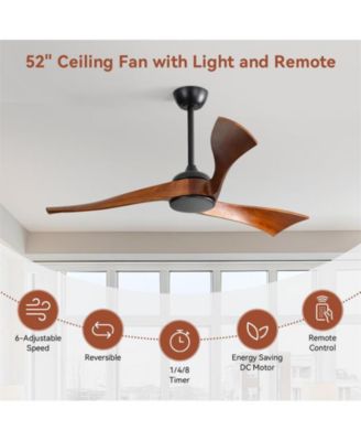 52-inch Modern Black 3 Solid Wood Blade Ceiling Fan with Six Speed Remote Control and Forward Reverse Function for Bedrooms Living Rooms