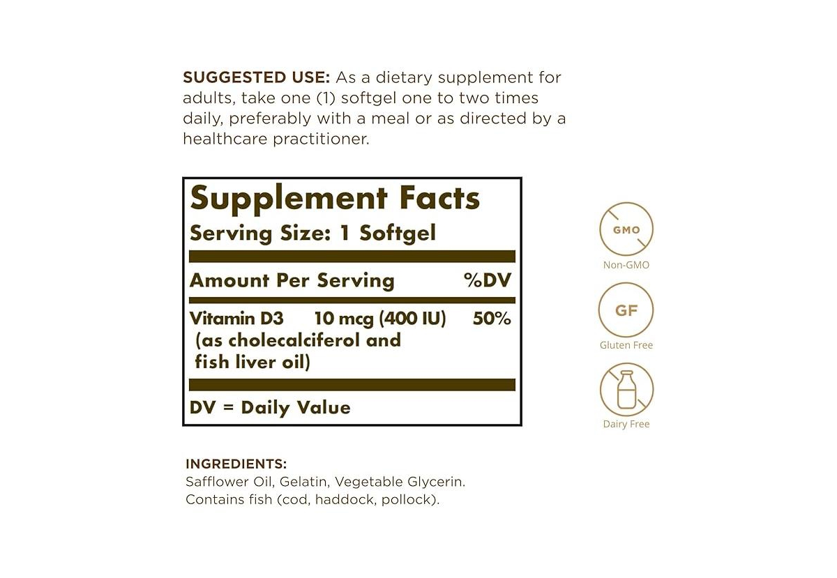 Solgar Vitamin D3 (Cholecalciferol) ,400 Iu ,100 S Gels