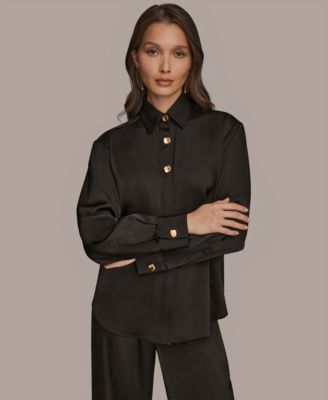 Women's Silk Collared Long Sleeve Button Down Top
