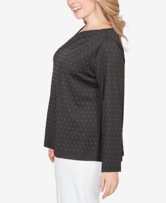 Plus Size Long Sleeve Asymmetrical Neck Top with Rhinestones