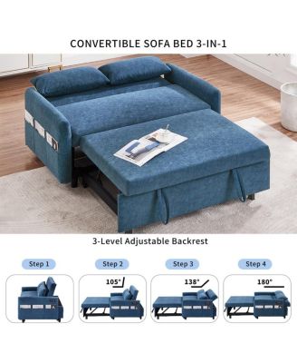 55" Fabric Convertible Sleeper Loveseat – Pull-Out Sofa Bed with Adjustable Back, USB A/C Ports & Side Pockets for Small Spaces.