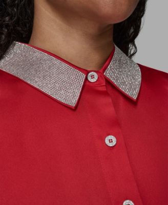 Plus Size Crystal Collared Neck Shirt