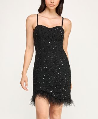 Juniors' Sleeveless Sequin Mini Dress with Faux Feather Trim