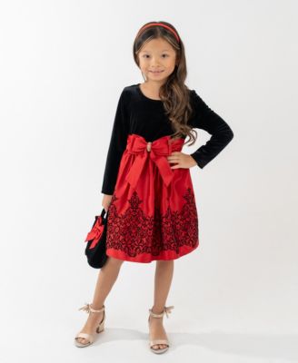 Rare Editions - Girls 2T-6X 2-Piece Mini Bag and Long-Sleeve Jewel Bow Dress Set