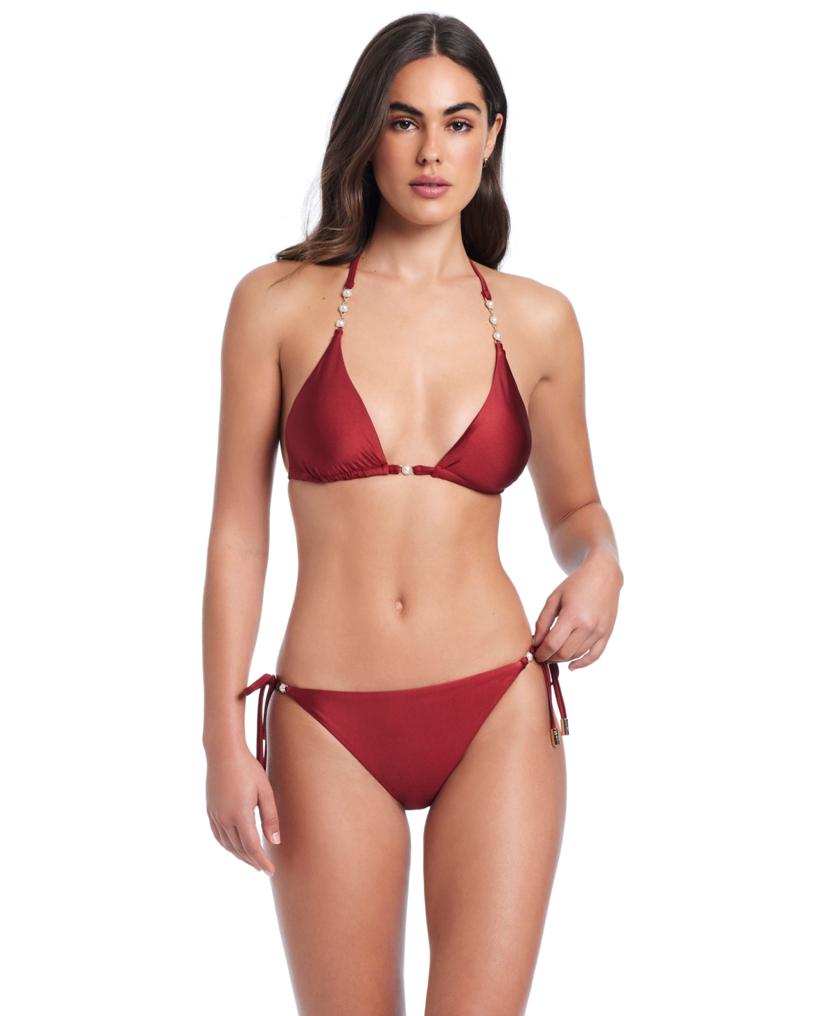 Red Carter Pearls Of Wisdom Classic Triangle Bikini Halter Bra In Burgundy