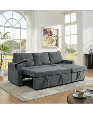 Maison Boucle Modern Chenille Upholstered Wood Pull-Out Sleeper with LED Lights, USB Ports & Cup Holders Sofa Bed