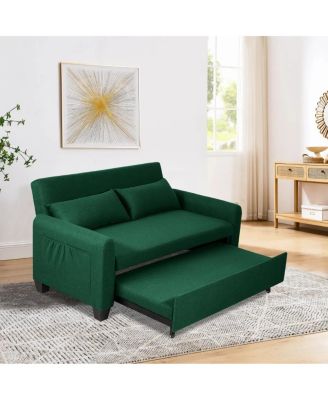61-Inch Pull-Out Linen Sofa Bed with Extra-Wide Convertible Sleeper Loveseat, Storage Pocket & Wheels for Apartments and Guest Rooms