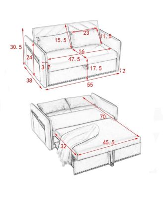 55" Velvet Sleeper Sofa Bed, Small Pull-Out Loveseat Sofa with Reclining Backrest, Side Pocket & Pillows for Small Spaces-Maison Boucle