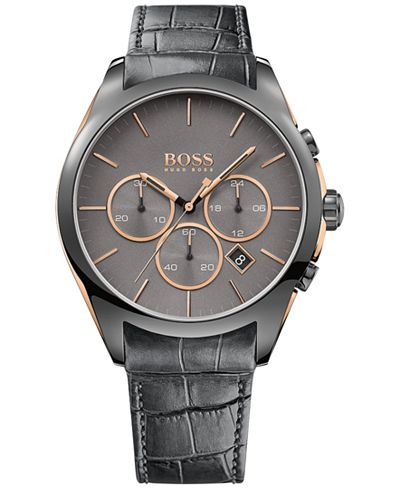BOSS Hugo Boss Men's Chronograph Onyx Gray Leather Strap Watch 44mm 1513366